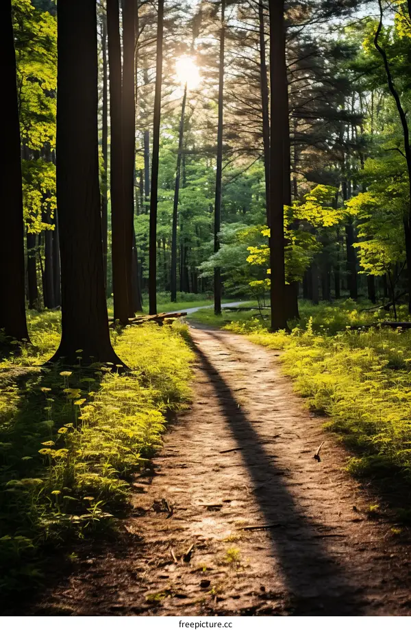 The sun shines through the forest