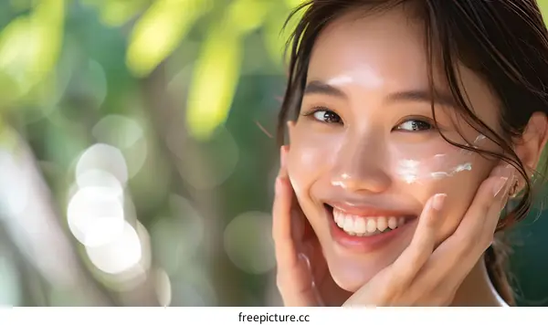Smiling Asian Woman Applying Facial Cream on Green Background