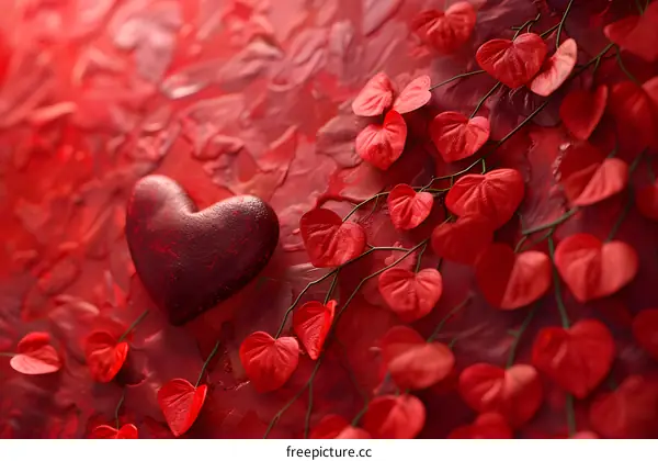 A red heart lies on a branch of red ivy