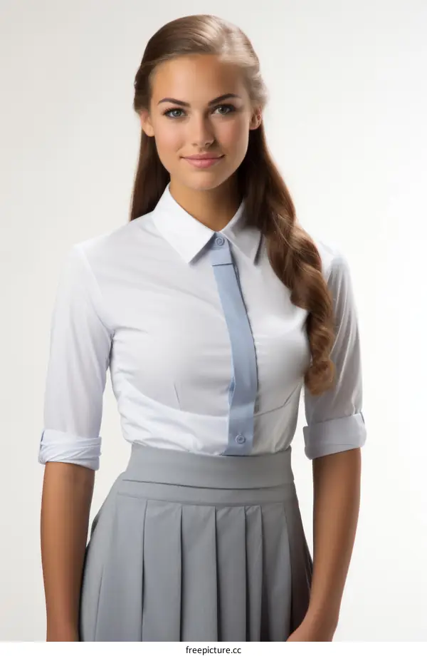 business professional woman wearing white blouse and gray skirt