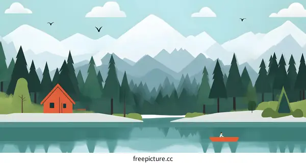 Cabin by the Lake with Snowy Mountains in the Background