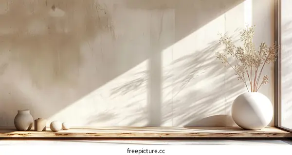 Minimalist Room Interior with Wooden Shelf and Flowers