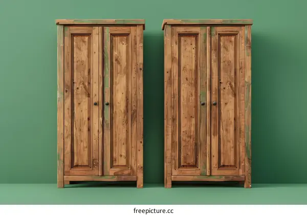 Two wooden cabinets with green background