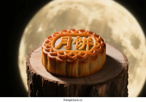 Mooncake with Chinese characters on it under a full moon