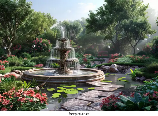 Serene Fountain in a Lush Garden