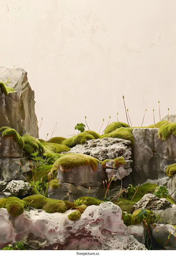 Green Moss Growing On Rocks With A White Background