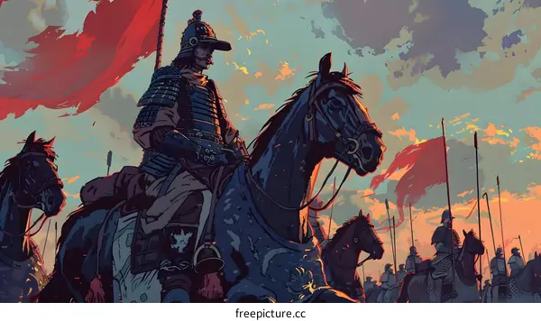 Samurai Warrior Riding Horse With Army