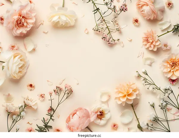 Soft Pink Flowers on Cream Background Flat Lay