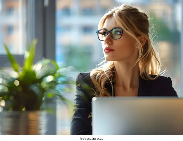 portrait of a beautiful blonde woman in glasses looking away