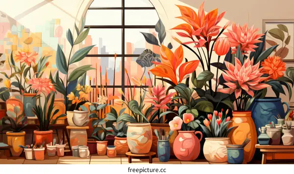 A beautiful illustration of a greenhouse with many flowers and plants