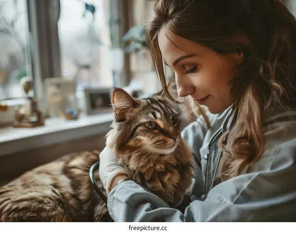 Close-up of a female veterinarian examining a cat in a clinic