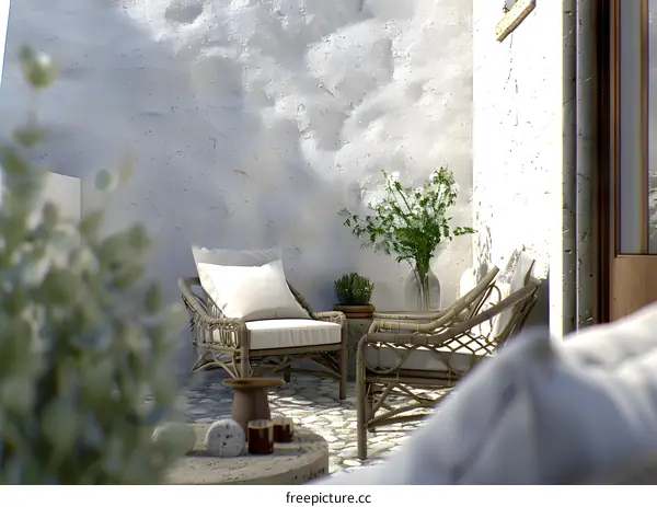 White Wall Patio with Wicker Chairs and Flowers