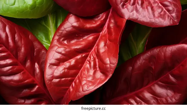 Red and green lettuce leaves close up