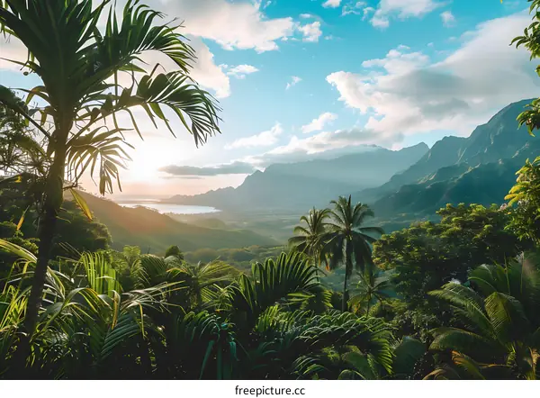 Tropical Mountains Landscape with Lush Green Foliage and Cloudy Sky