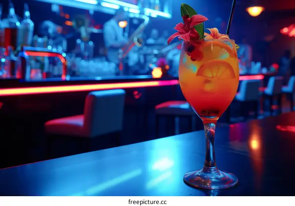 Tropical alcoholic cocktail with orange slices and flowers