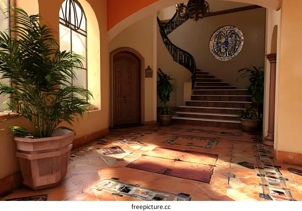 Spanish Style Home Entryway With Staircase
