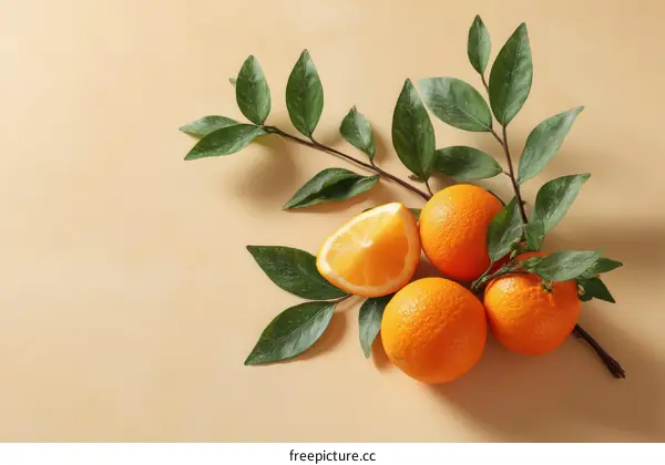 Fresh Oranges and Leaves on a Beige Background