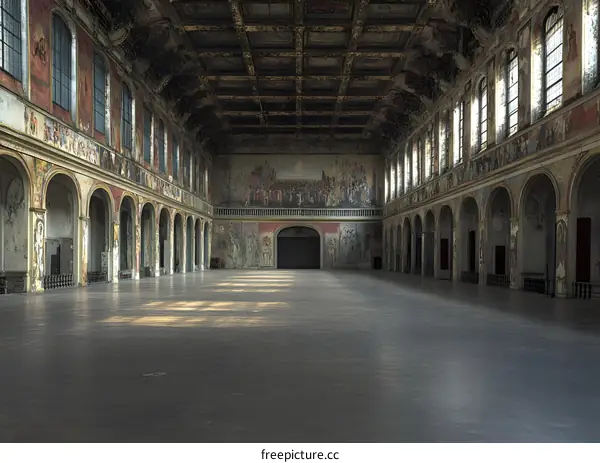 Large Empty Hall With High Ceiling And Murals