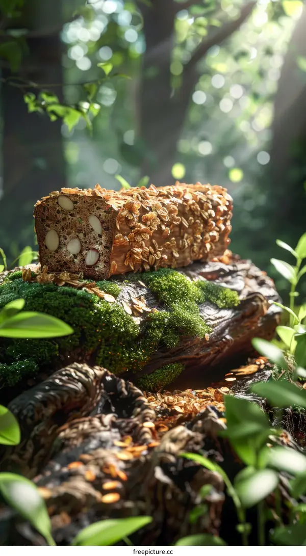 Close up of a loaf of bread on a mossy log surrounded by green leaves and dappled sunlight