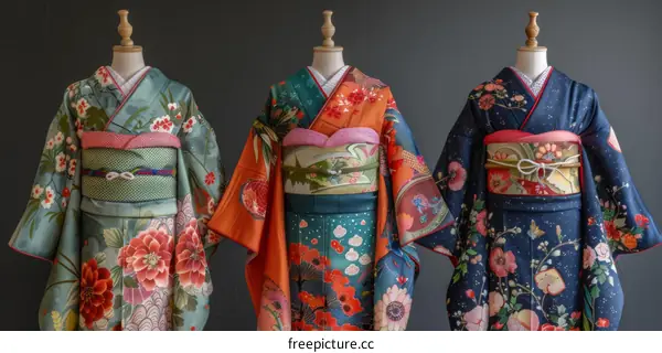 Three beautiful Japanese kimono displayed on mannequins