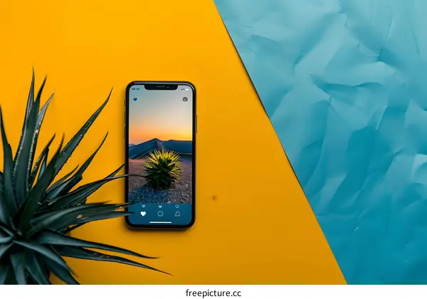 Smartphone Displaying a Desert Landscape With a Cactus Plant and Sunset Sky