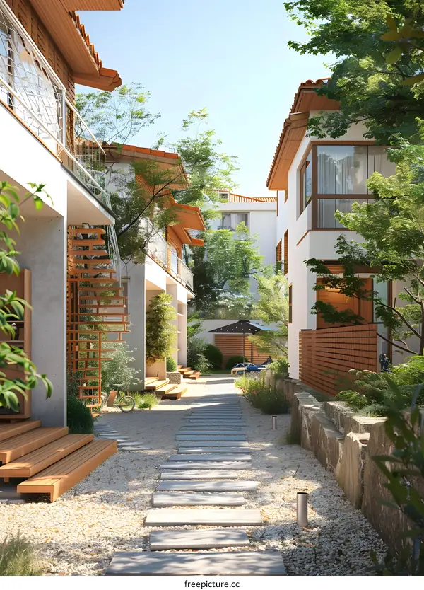 Courtyard between two houses with a garden and a stone path
