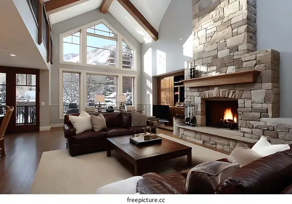 Modern Living Room with Fireplace and Mountain View