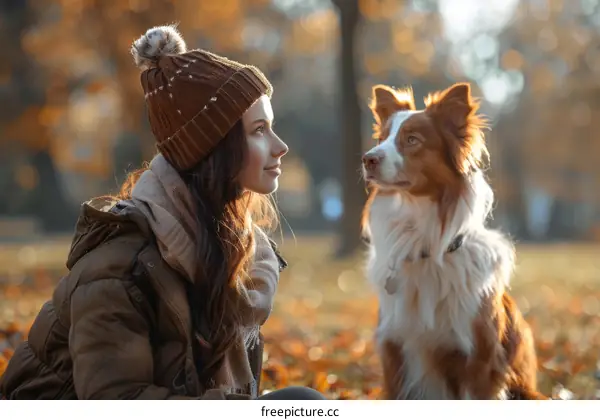 girl with brown hair and brown eyes sitting on the ground next to a border collie dog in the fall