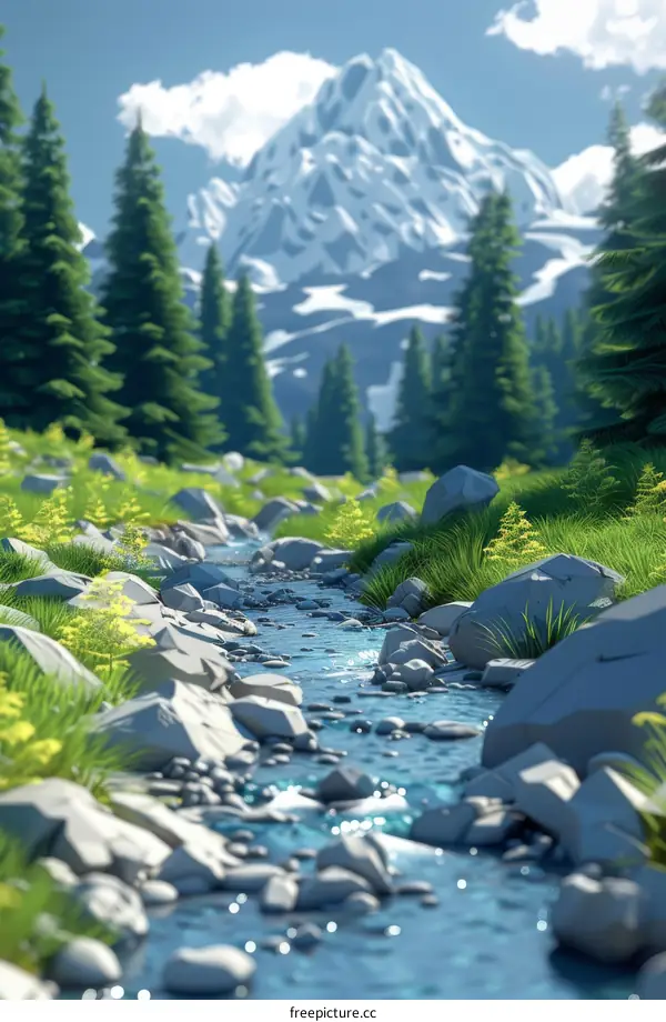 Small River Flowing Through a Valley with Snow-Capped Mountains