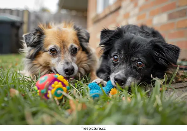 Two small dogs playing with toys in the grass