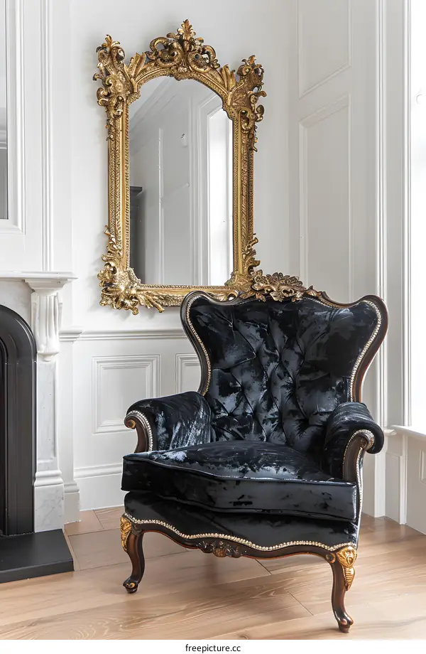 Black Velvet Armchair with Gold Trim in a Classic Interior
