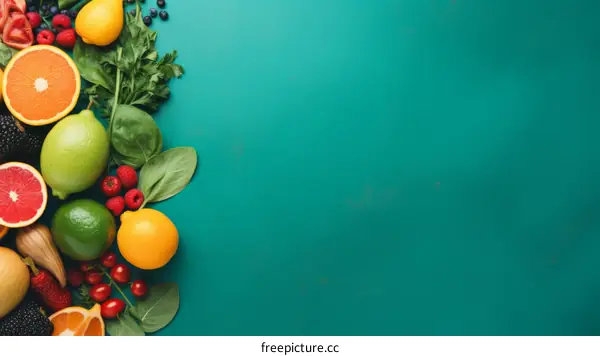 An assortment of colorful fruits and vegetables on a green background
