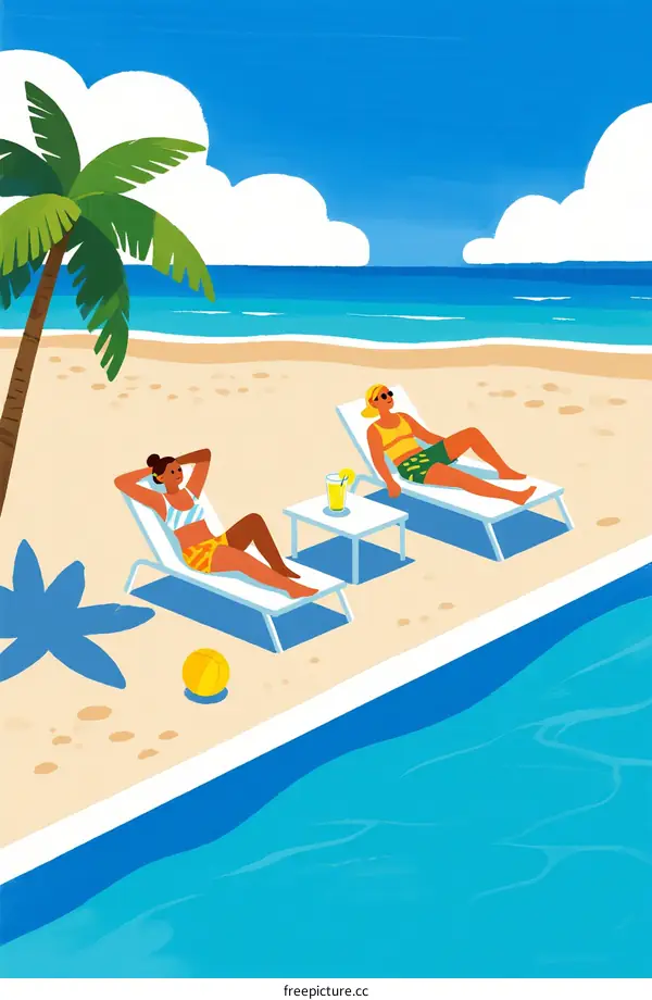 Two People Relaxing on Beach Chairs by Poolside Under Blue Sky