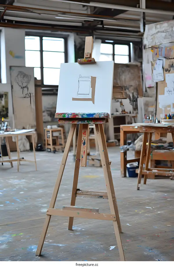 Wooden Easel With Canvas In Art Studio