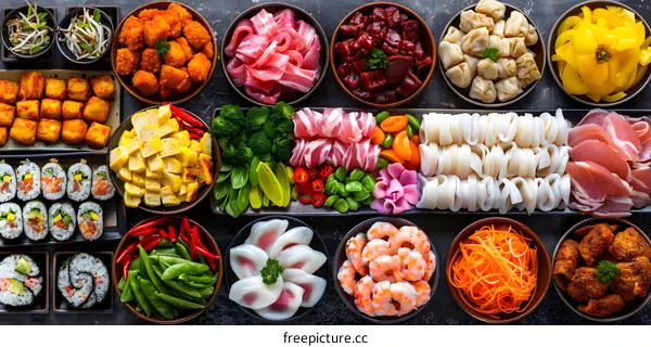 A variety of ingredients are arranged on a dark background. Ingredients include sushi, dumplings, shrimp, beef, pork, and vegetables.