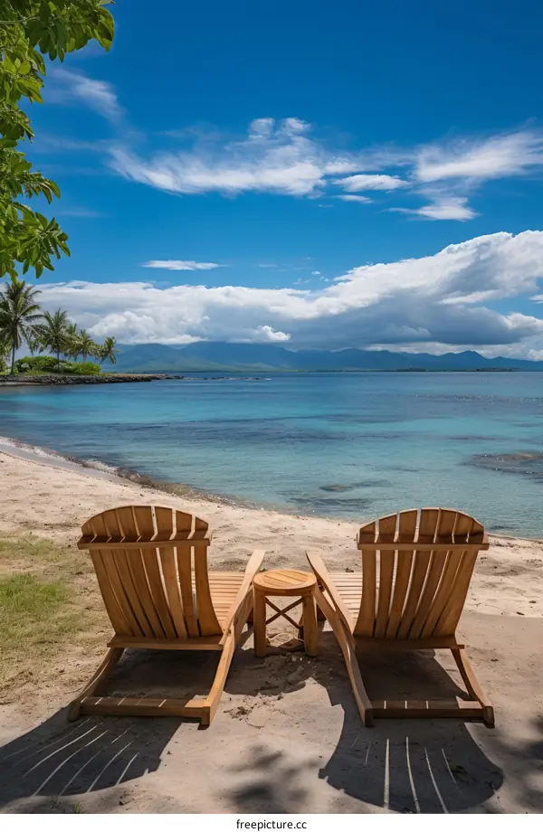 Two wooden chairs sit on a beach overlooking the ocean