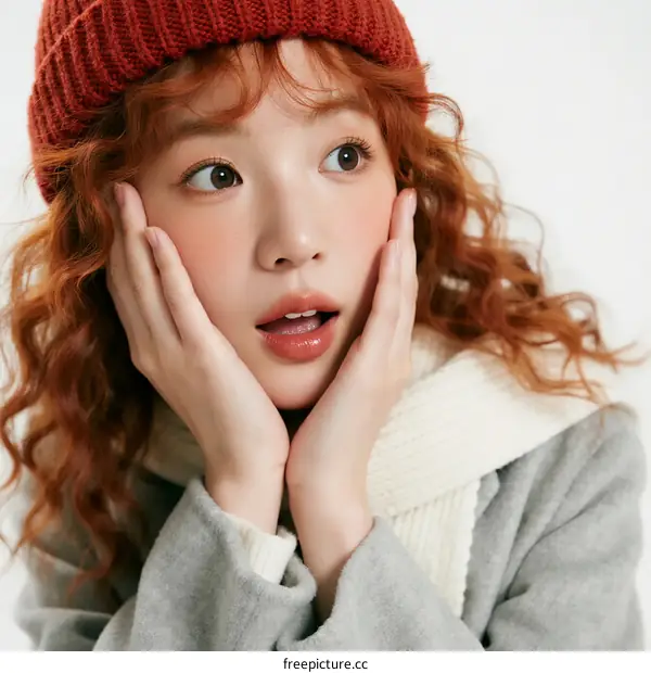 A Young Redhead Woman Wearing Winter Clothes and a Knit Hat