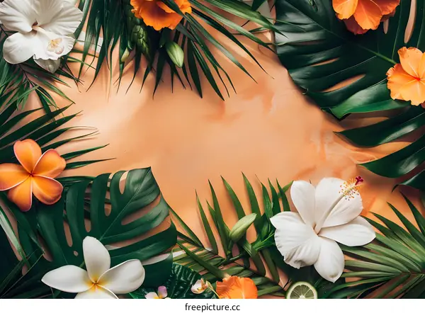 Tropical Floral Background with White and Orange Flowers