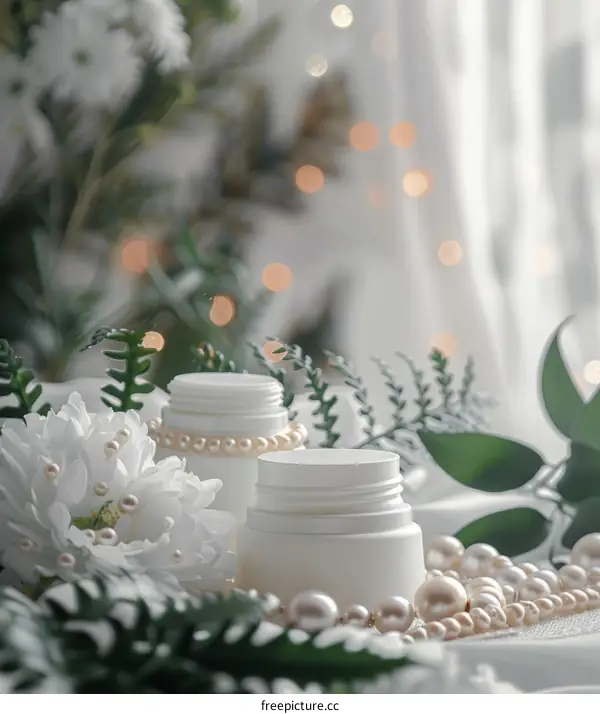 Close-up of open and closed white cosmetic jars with pearls and flowers