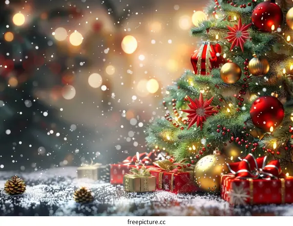 Christmas Tree with Presents and Snow