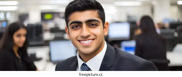 Smiling Indian Man In Business Suit At Workplace
