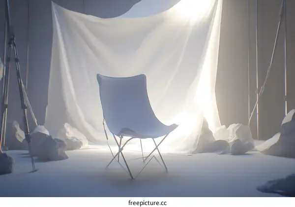White Minimalist Chair in Studio Setting with Fabric Backdrop