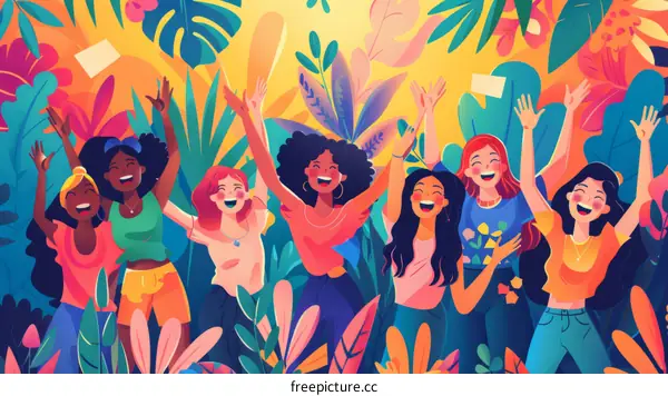 Diverse Women Celebrating Together in Vibrant Tropical Setting