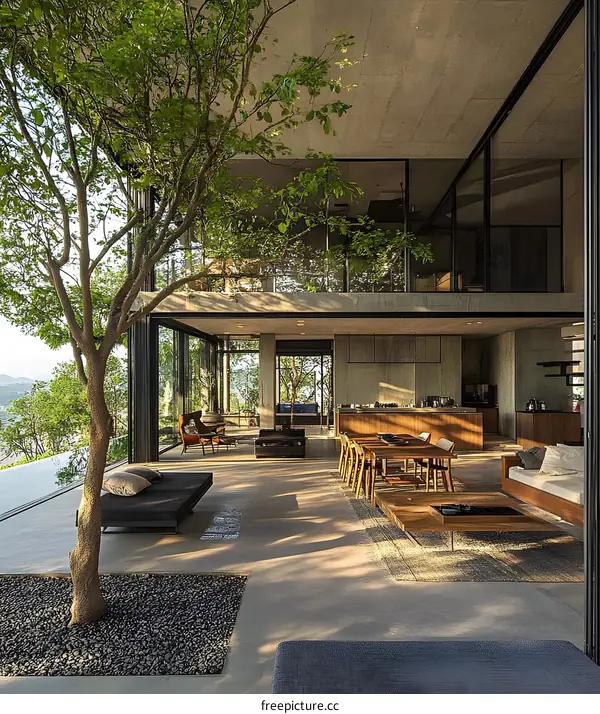Modern Minimalist House Design With Glass Walls And Tree Growing Through The Center