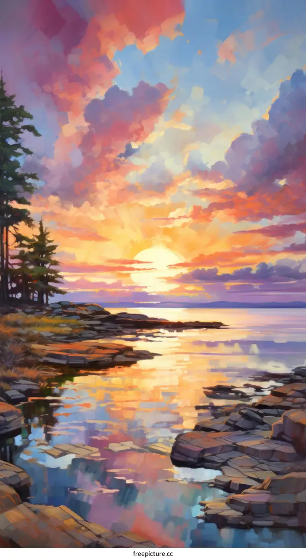 Colorful sunset over the rocky coast