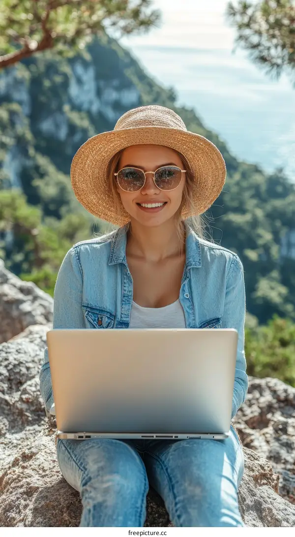 Woman Working on Laptop Outdoors in Nature