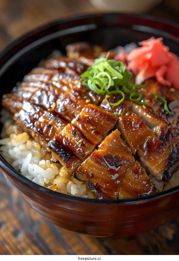 Grilled Eel Rice Bowl with Green Onions and Pickled Ginger