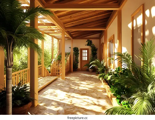 Wooden Porch With Tropical Plants and Sunlight