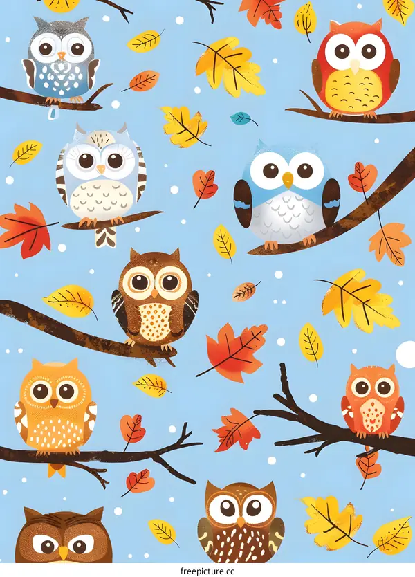 Cute Owl Pattern With Autumn Leaves