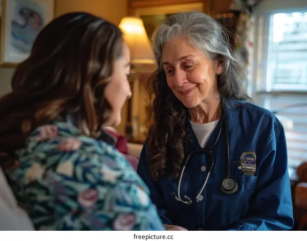 A healthcare worker wearing a stethoscope talking to a patient